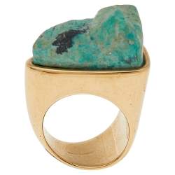 Pre Owned Chloe Green Natural Stone Gold Tone Ring Size 54.5