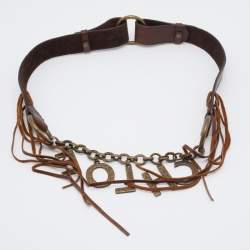 Pre Owned Chloe Brown Leather Fringe Logo Charm Belt 110CM