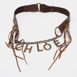 Pre Owned Chloe Brown Leather Fringe Logo Charm Belt 110CM