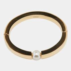 Pre Owned Chloe Gold Tone Faux Pearl Darcey Cuff Bracelet L