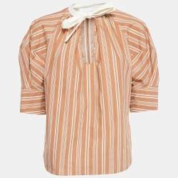 Chloe Brown Stripe Print Silk Neck Tie Up Top M