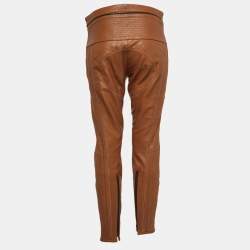 Pre Owned بنطلون كلوى جلد بني هافانا ضيق الأرجل وسط