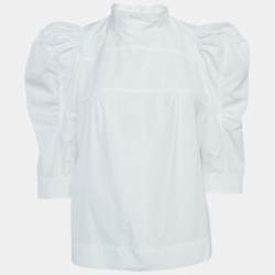 Chloe White Cotton Puff Sleeves High Neck Blouse L