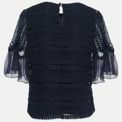 Chloe Navy Blue Crochet Flutter Sleeve Top S