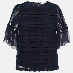 Chloe Navy Blue Crochet Flutter Sleeve Top S