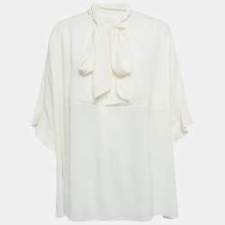 Chloe Cream Textured Silk Crepe Tie-Up Neck Tunic L