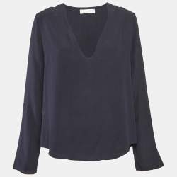 Pre Owned Chloe Navy Blue Silk V-Neck Full Sleeve Top S
