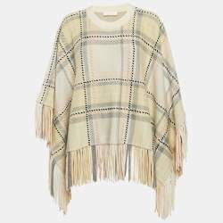 Chloe Yellow Plaid Cashmere Fringed Poncho Sweater XS/S