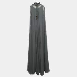 Pre Owned Chloe Anthracite Grey Crepe Silk Beaded Maxi Dress L