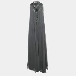 Pre Owned Chloe Anthracite Grey Crepe Silk Beaded Maxi Dress L