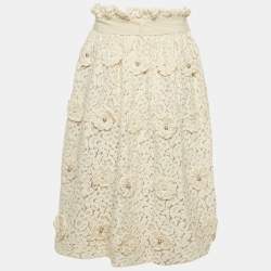 Pre Owned Chloe Off-White Floral Lace Applique Detail Belted Midi Skirt M