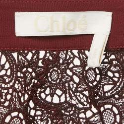 Pre Owned قميص كلوي حرير مزود بتقليم دانتيل أحمر مدخن مقاس صغير