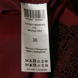 Pre Owned قميص كلوي حرير مزود بتقليم دانتيل أحمر مدخن مقاس صغير