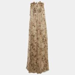 Pre Owned Chloe Pale Nude Beige Printed Lurex Fil Coupe Crepe Maxi Dress S