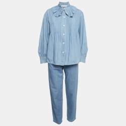 Chloe Blue Eternal Blue Denim Ruffled Blouse and Trousers Set S