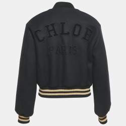 Chloe Black Snake Embroidered Wool Drill Bomber Jacket S