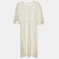 Chloe Eggshell White Guipure Lace Sheer Knee Length Dress M