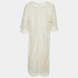 Chloe Eggshell White Guipure Lace Sheer Knee Length Dress M