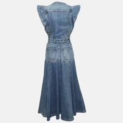 Chloé Blue Denim Flared Basque Cap-Sleeve Midi Dress S