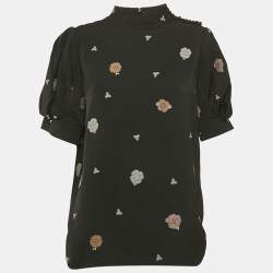 Chloé Black Brocade Puff Sleeve Top L