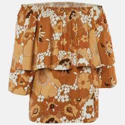 مملوكة مسبقًا بلوزة كلوي قطن بني مطبوع بأزهار مكشوفة الأكتاف مقاس صغير