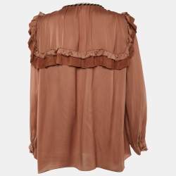 Pre Owned Chloe Brown Silk Ruffle Suede Trim Top M