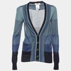 Pre Owned Chloe Grey/Blue Striped Cashmere & Silk Button Front Cardigan XS