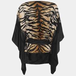 Pre Owned Chloe Beige/Black Satin Tiger Embroidered Belted Kaftan Blouse M