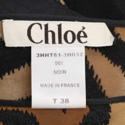 Pre Owned Chloe Beige/Black Satin Tiger Embroidered Belted Kaftan Blouse M