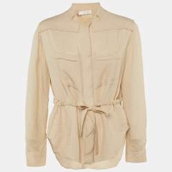 Pre Owned Chloe Beige Embossed Silk Blend Tie Waist Blouse L