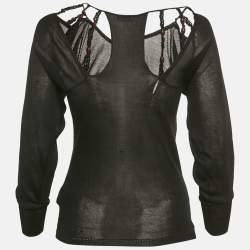 Pre Owned توب كلوي شير أكمام طويلة حياكة حرير أسود مقاس صغير (صغير جدًا)