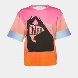 Pre Owned Chloé Pink/Orange Graphic Logo Print Cotton T-Shirt S