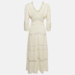 مملوكة مسبقًا Chloe Cream Pintucked Linen Lace Panelled Maxi Dress S
