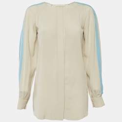 Pre Owned بلوزة كلوي حرير بيج فاتح/أزرق بتفاصيل رباط صغيرة
