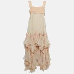 Pre Owned Chloé Peach/Cream Crepe and Silk Ruffle Midi Dress M