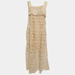 Pre Owned Chloé Light Peach Floral Guipure Lace Sleeveless Shift Dress S
