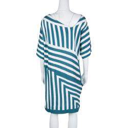 Pre Owned Chloe Aqua Blue and White Striped Knit Metal Sequin Embellished Dress