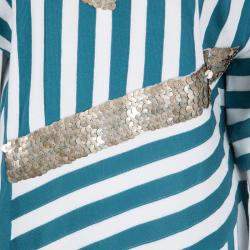 Pre Owned Chloe Aqua Blue and White Striped Knit Metal Sequin Embellished Dress