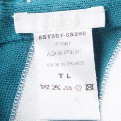 Pre Owned Chloe Aqua Blue and White Striped Knit Metal Sequin Embellished Dress