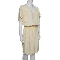 Chloe Vanilla Yellow Smocked Waist Lace Insert Tie Detail Dress M