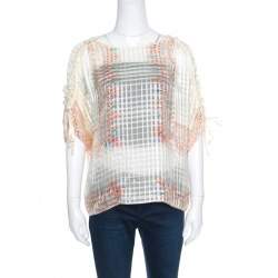 Chloe Cream Drawstring Sleeve Detail Printed Silk Sheer Top M