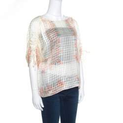 Chloe Cream Drawstring Sleeve Detail Printed Silk Sheer Top M