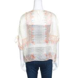 Chloe Cream Drawstring Sleeve Detail Printed Silk Sheer Top M