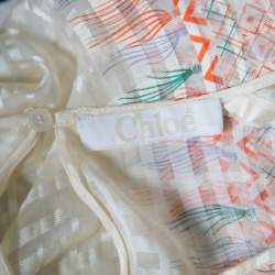 Chloe Cream Drawstring Sleeve Detail Printed Silk Sheer Top M