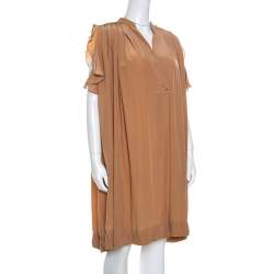 Pre Owned Chloe American Tan Crepe Silk Ruffled Sleeveless Billowy Dress M