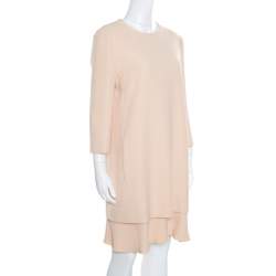 Chloe Beige Crepe Layered Ruffled Hem Long Sleeve Dress M