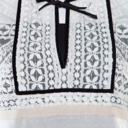 Pre Owned Chloe Off White Lace Contrast Velvet Tie Scallop Trim Detail Cropped Top S