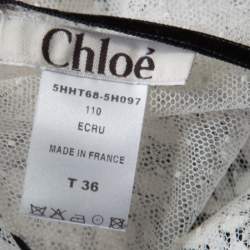 Pre Owned Chloe Off White Lace Contrast Velvet Tie Scallop Trim Detail Cropped Top S