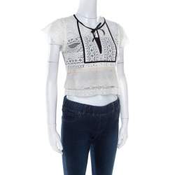 Pre Owned Chloe Off White Lace Contrast Velvet Tie Scallop Trim Detail Cropped Top S