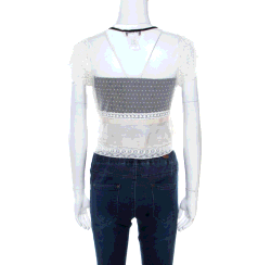 Pre Owned Chloe Off White Lace Contrast Velvet Tie Scallop Trim Detail Cropped Top S